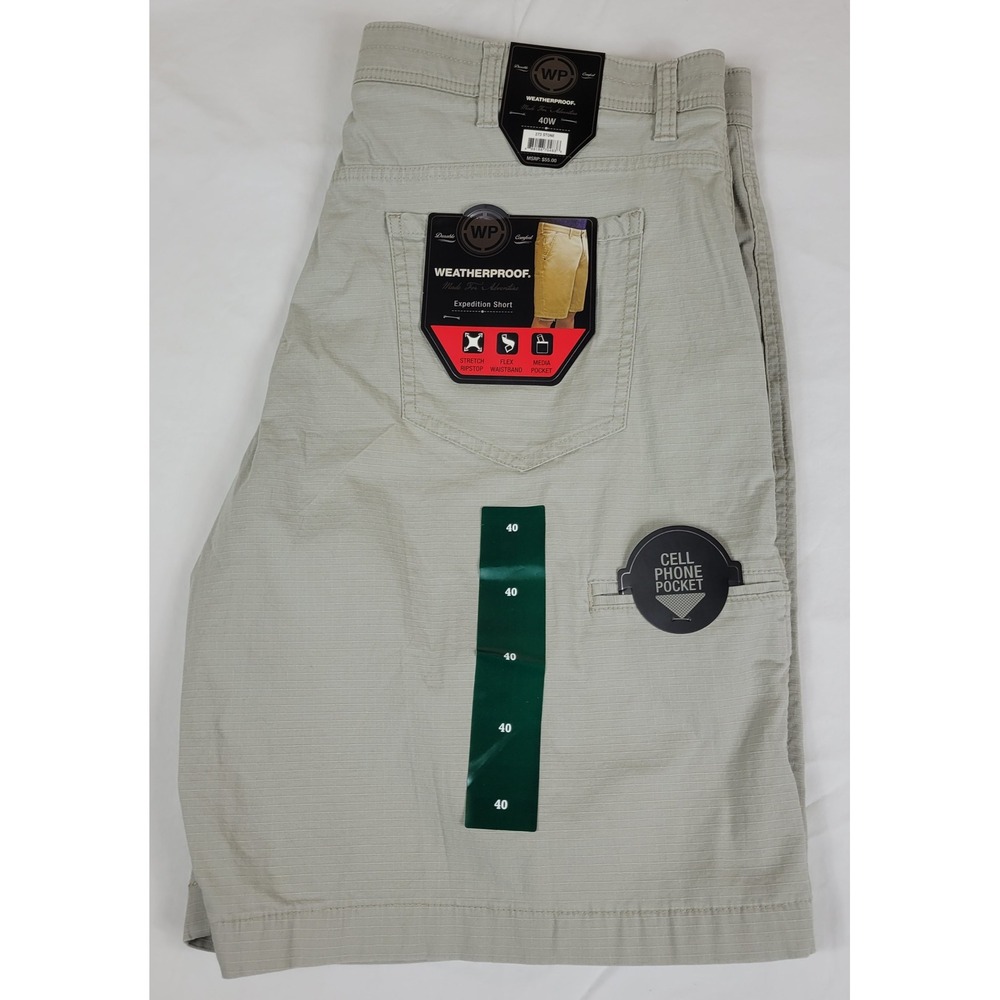 Weatherproof NWT Expedition Shorts Mens 40W Stone Flat Front Stretch Ripstop